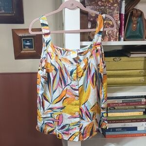 C&C California Multicolor Tropical Floral Linen Tank Top Size Large